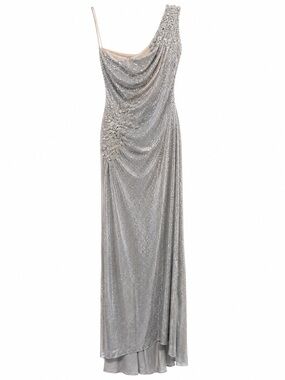 Terani Couture 214P2137 Silver One-Shoulder Draped Evening Gown